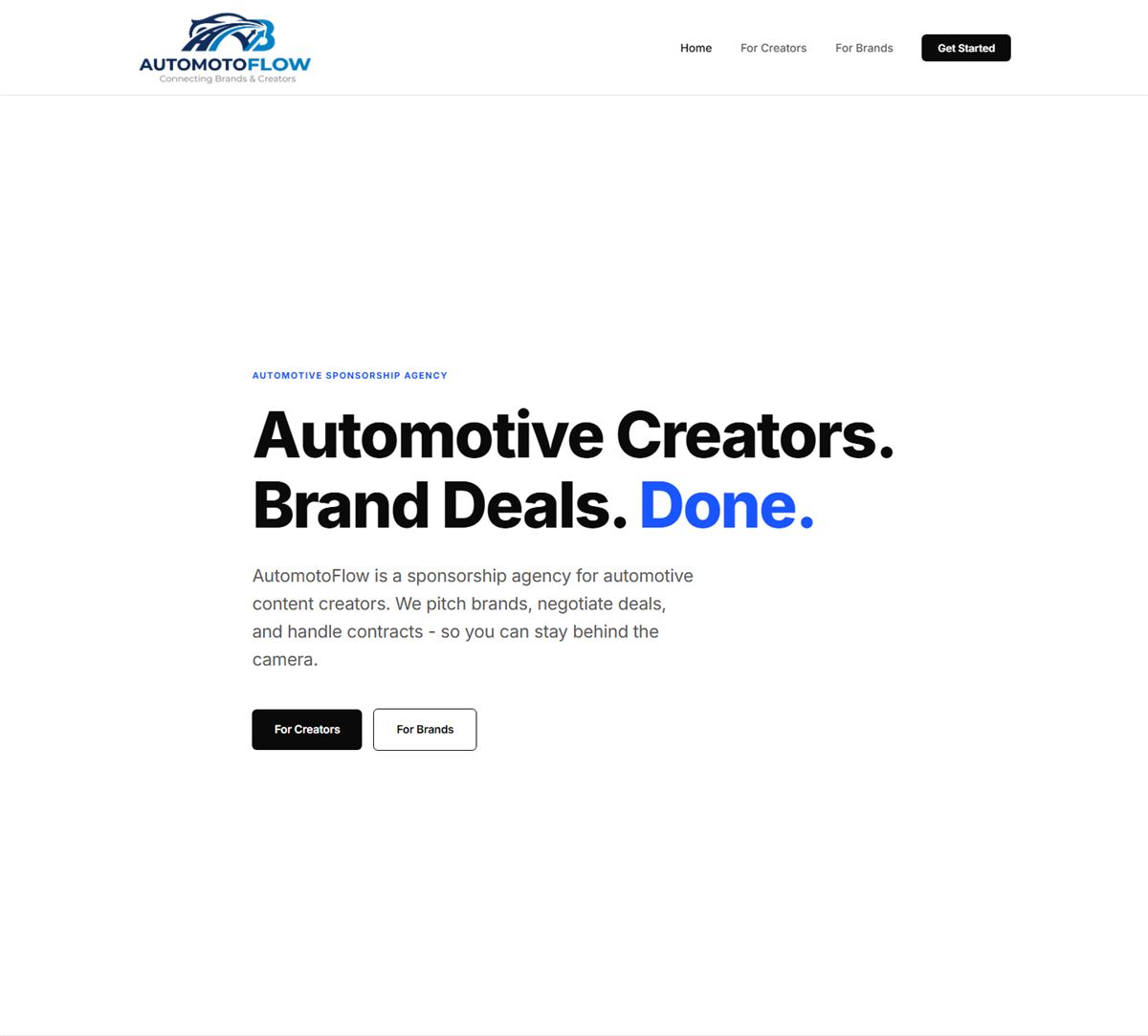 AutomotoFlow homepage with the headline 'Automotive creators. Brand deals. Done.'