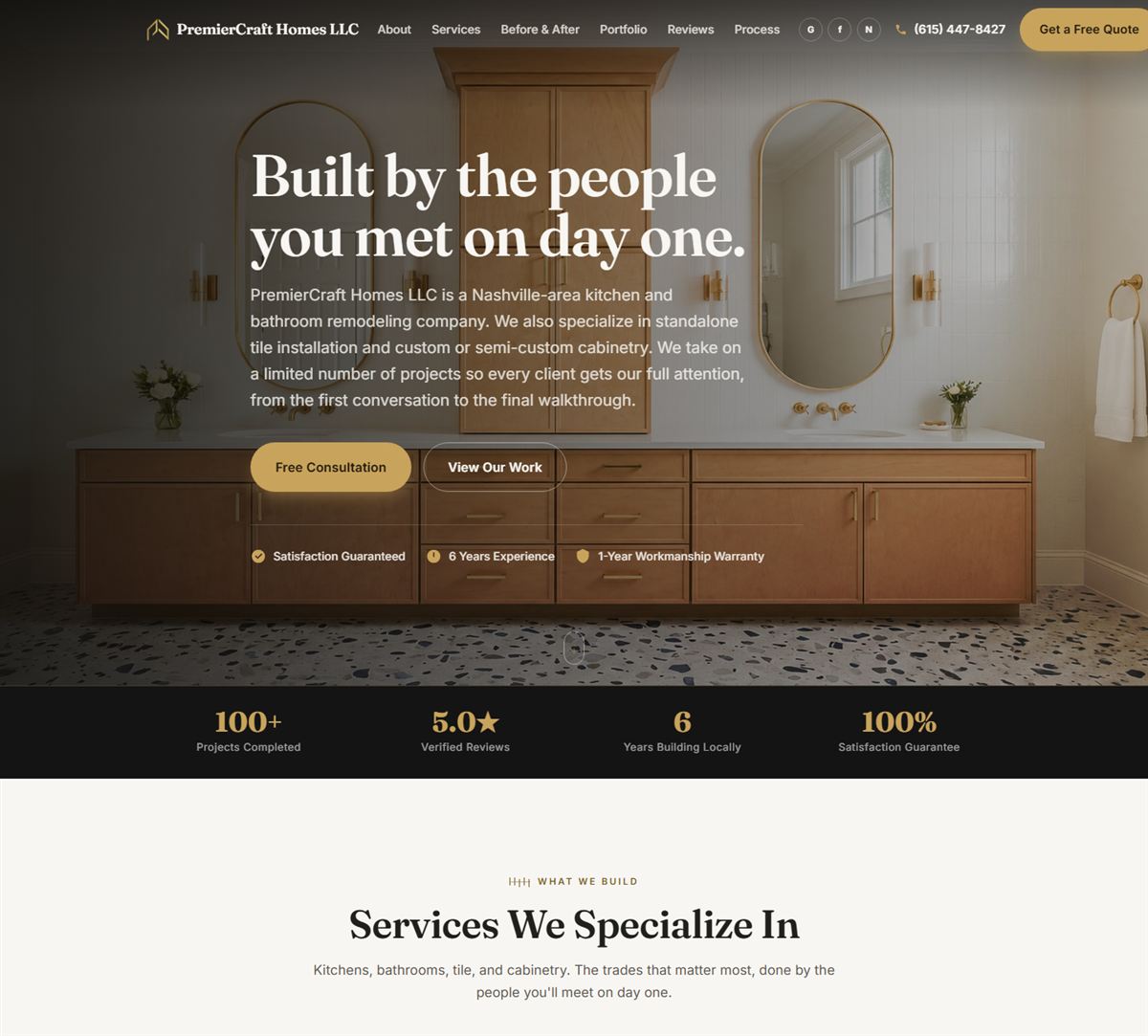 PremierCraft Homes homepage: a remodeled bathroom with the headline 'Built by the people you met on day one'